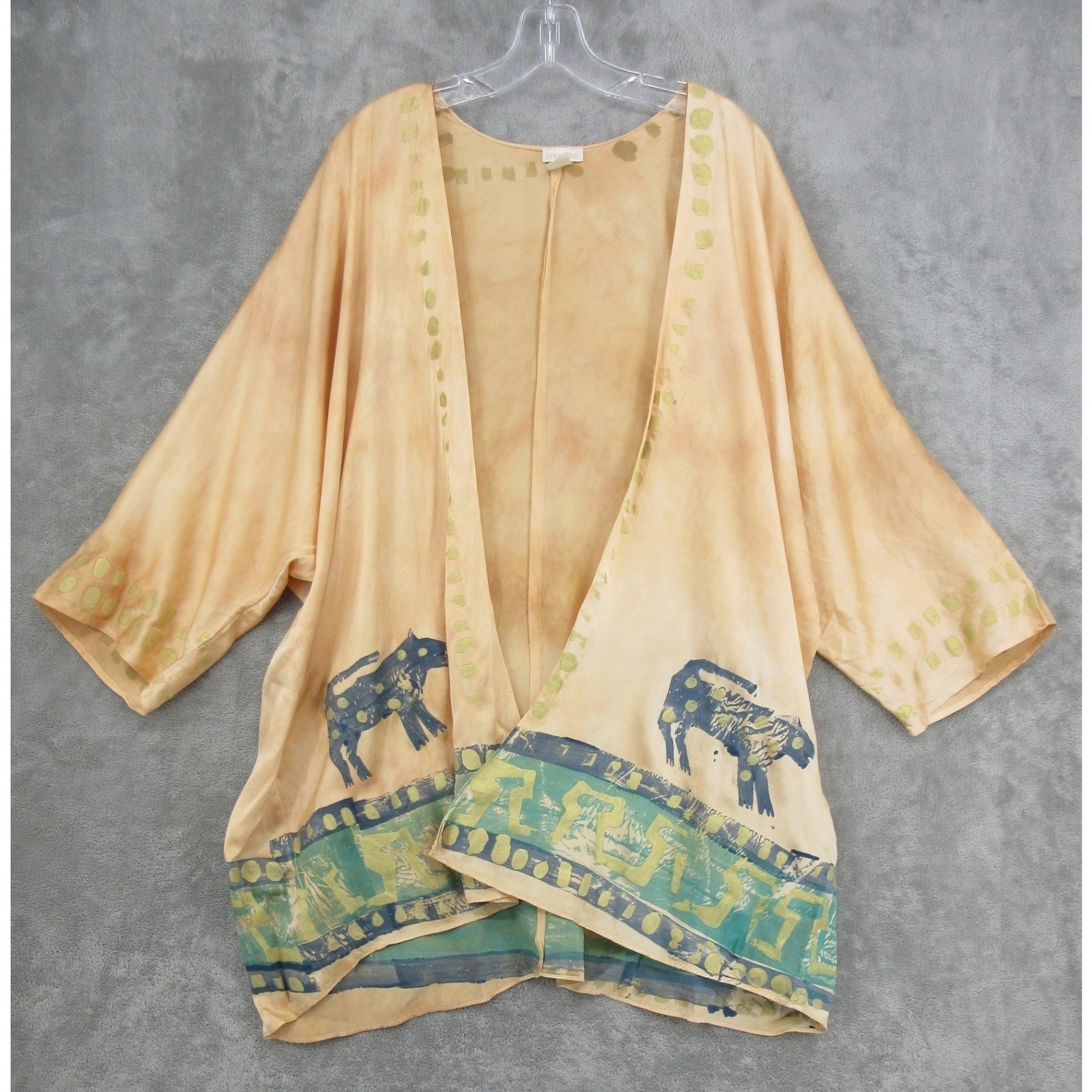 Vintage Laise Adzer Kimono Womens One Size Silk Hand Painted 80s Lagenlook Artsy